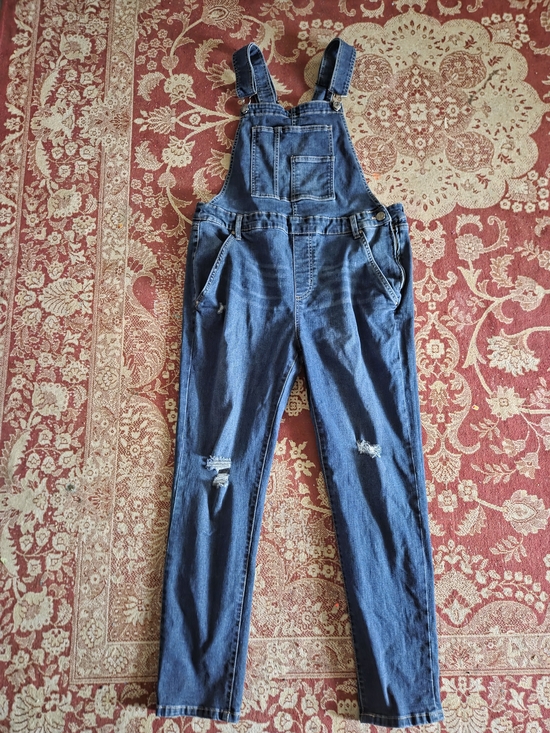 Denim - Dark Wash Denim Overalls with Distressed Knees